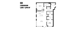 A black and white image of a floor plan for a 2 bedroom apartment.