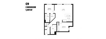 A black and white image of a floor plan for a 2 bedroom apartment.