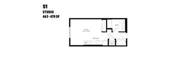 A black and white image of a floor plan for a studio apartment.