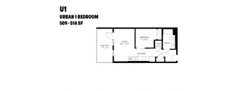 A floor plan of a 1 bedroom apartment in the U1 building.