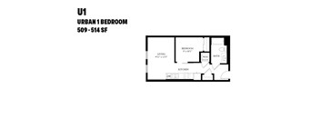 A floor plan of a 1 bedroom apartment.