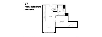A black and white image of a U7 Urban 1 Bedroom apartment floor plan.