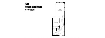 A floor plan of a U8 Urban 1 Bedroom apartment ranging from 640 to 652 square feet.