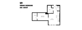 A floor plan of a U9 Urban 1 Bedroom apartment ranging from 656 to 658 square feet.