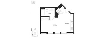 A black and white drawing of a floor plan of a small apartment.