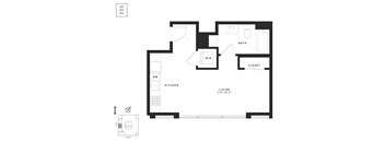 A black and white floor plan of a small apartment with a kitchen, bathroom, and closet.