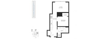 A floor plan of a small apartment with a living room, kitchen, bedroom, and bathroom.