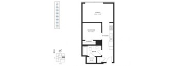 A black and white image of a floor plan for a small apartment.