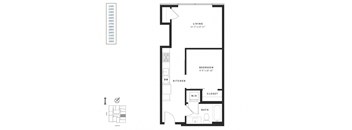 A black and white image of a floor plan for a small apartment.