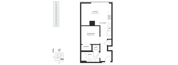 A black and white image of a floor plan for a small apartment.