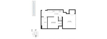 A black and white image of a floor plan for a small apartment.