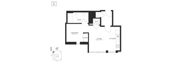 A floor plan of a small apartment with a bedroom, living room, kitchen, and bathroom.
