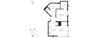 A black and white floor plan of a house with a living room, kitchen, bedroom, bathroom and closet.