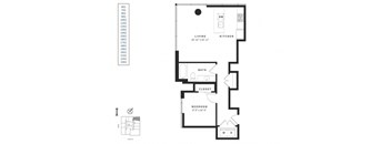 A floor plan of a small apartment with a living room, kitchen, bathroom, and bedroom.