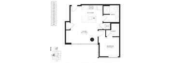 A black and white image of a floor plan for a living room, kitchen, bathroom, and bedroom.
