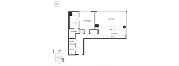 A black and white image of a floor plan for a small apartment.