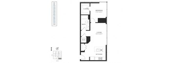 A floor plan of a small apartment with a bedroom, bathroom, living room, and kitchen.