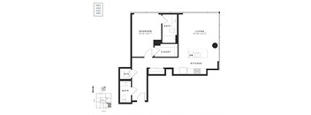 A black and white image of a floor plan for a home with a bedroom, bathroom, living room, kitchen, and closet.