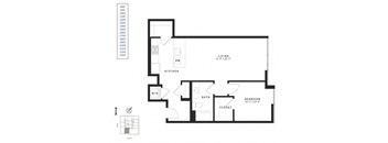 A black and white image of a floor plan for a living space.