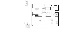 A black and white image of a floor plan for a small apartment.