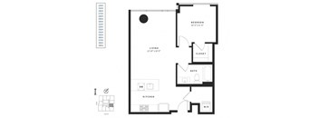 A black and white floor plan of a house with a living room, kitchen, bathroom, and bedroom.