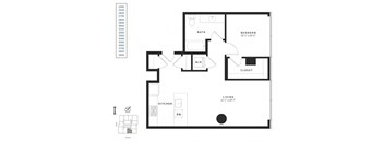 A black and white floor plan of a house with a living room, kitchen, bathroom, and bedroom.