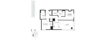 A floor plan of a house with a living room, kitchen, two bedrooms, and two bathrooms.