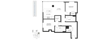 A black and white image of a floor plan for a home with a living room, kitchen, primary bedroom, and bathroom.