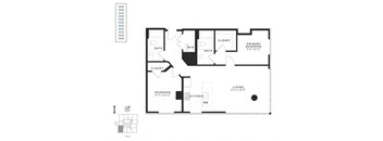 A black and white floor plan of a house with a living room, two bedrooms, a bathroom, a kitchen, and a closet.
