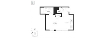 A black and white floor plan of a small apartment with a living room, kitchen, bathroom, and closet.