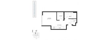 A black and white floor plan of a house with a living room, kitchen, bathroom and closet.