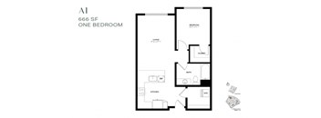 A floor plan of a one bedroom apartment at 666 SF.