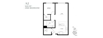 A floor plan of a one bedroom apartment at 645 SF.