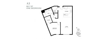 A floor plan of a one bedroom apartment at 861 SF.