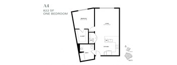 A floor plan of a one bedroom apartment at 822 SF.