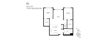 A black and white image of a two bedroom apartment layout.