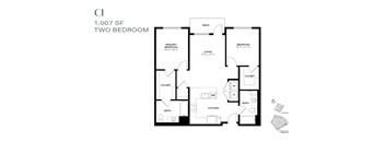 A black and white image of a floor plan for a 1,007 square foot two bedroom apartment.