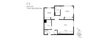 A black and white image of a two bedroom apartment floor plan.