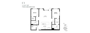 A black and white image of a floor plan for a two bedroom apartment.