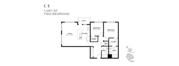 A black and white image of a two bedroom apartment layout.