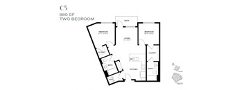 A black and white image of a two bedroom apartment layout.