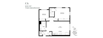 A black and white image of a two bedroom apartment layout.