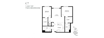 A floor plan of a 1,007 square foot two bedroom apartment.
