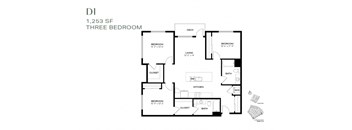 A black and white diagram of a three bedroom apartment.