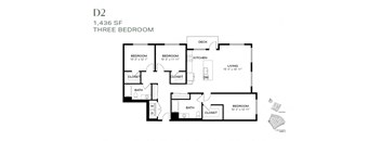 A black and white image of a three bedroom apartment floor plan.
