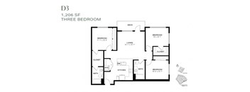 A black and white image of a three bedroom apartment floor plan.