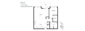 A floor plan of a one bedroom apartment at 1,014 SF.