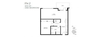 A black and white image of a one bedroom apartment layout at 835 SF.