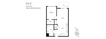 A black and white image of a one bedroom apartment layout at 670 SF.