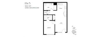 A floor plan of a one bedroom apartment at 660 SF.